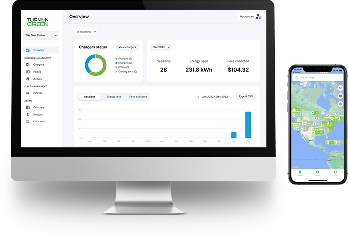 TurnOnGreen charging management dashboard and mobile app