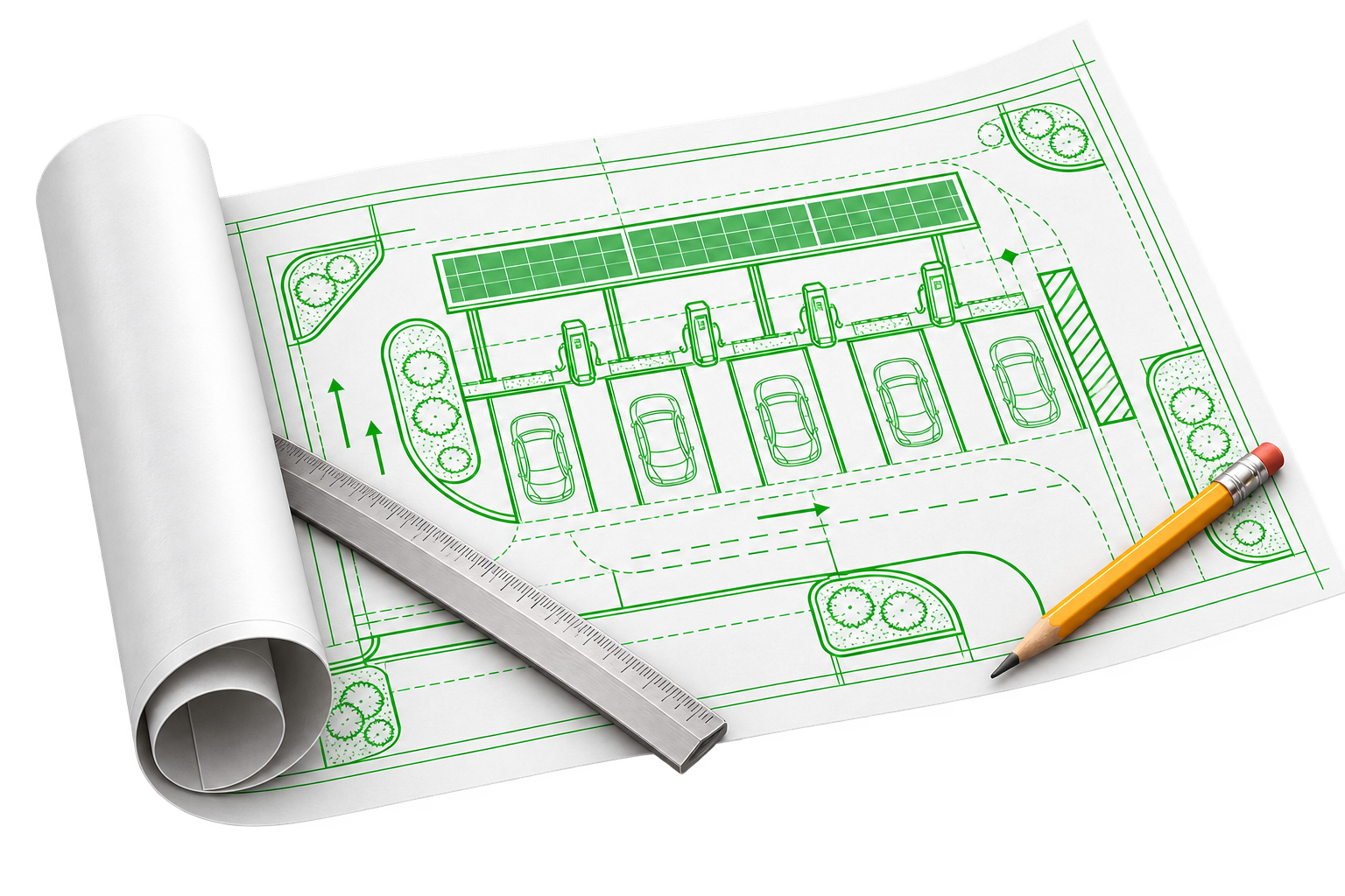 White drafting paper with green EV parking plans, a ruler and pencil